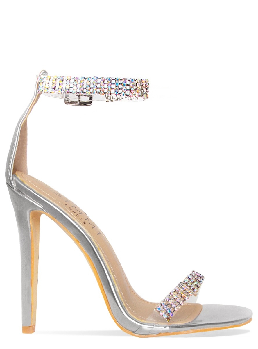 Silver Diamante Pin Heel Strap High Heeled Sandals | PrettyLittleThing KSA