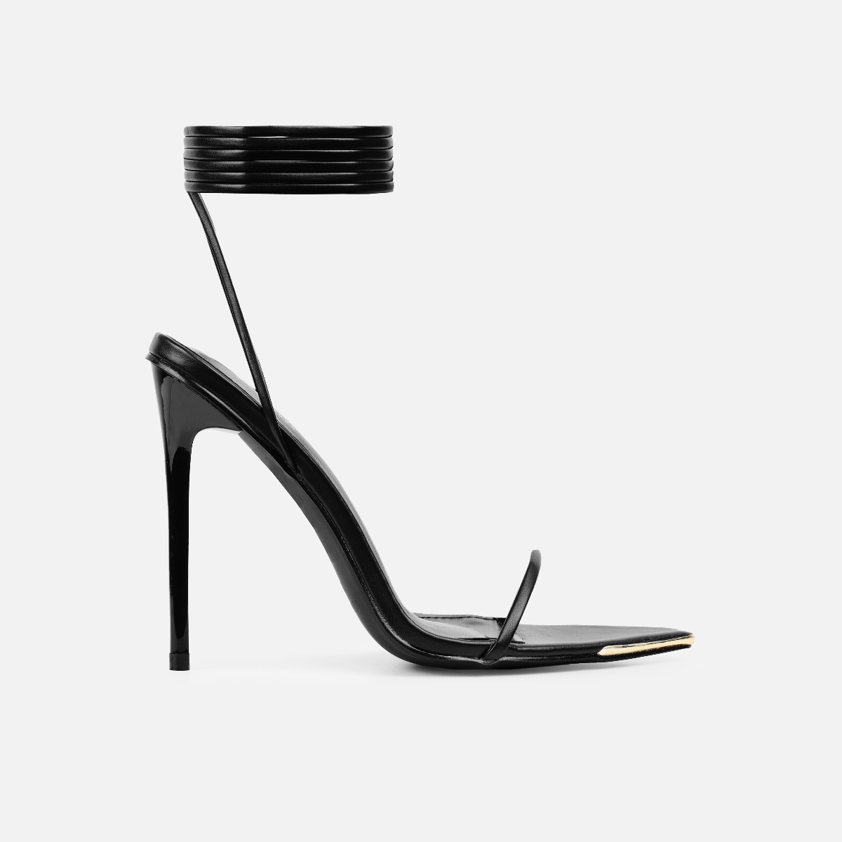 Vivia Black Lace Up Metal Toe Cap Stiletto Heels | SIMMI London
