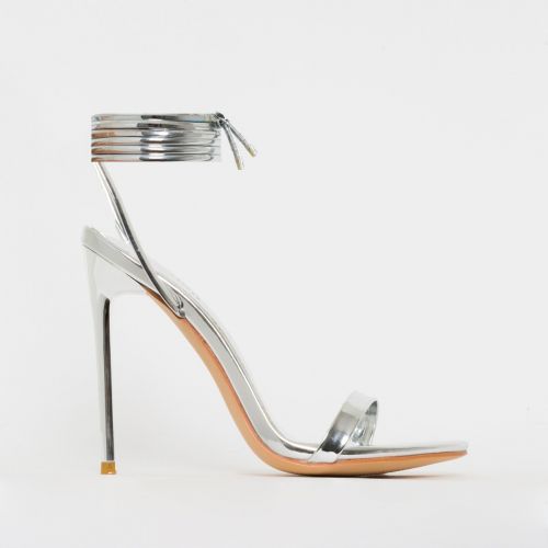 silver tie up heels