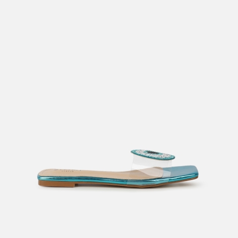 Clem Clear Aqua Blue Metallic Evil Eye Flat Sandals | SIMMI London