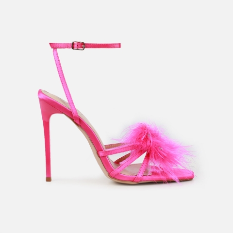 Amabel hot pink satin fluffy diamante heels