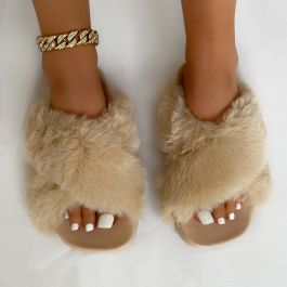 Lovebug Beige Fluffy Faux Fur Cross Strap Slippers | SIMMI London