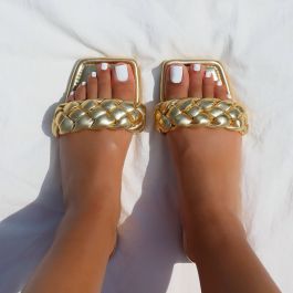 Elsa Gold Woven Strap Square Toe Flat Sandals | SIMMI London