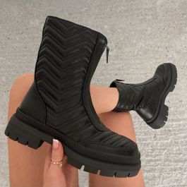 Martinez Black Textured Zip Front Chunky Ankle Boots