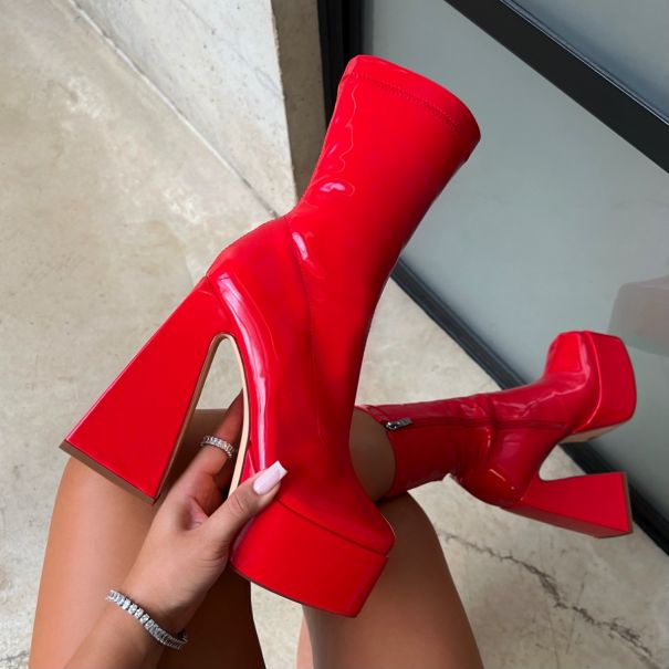 Tasha Ghouri Amani Red Patent Platform Ankle Boots