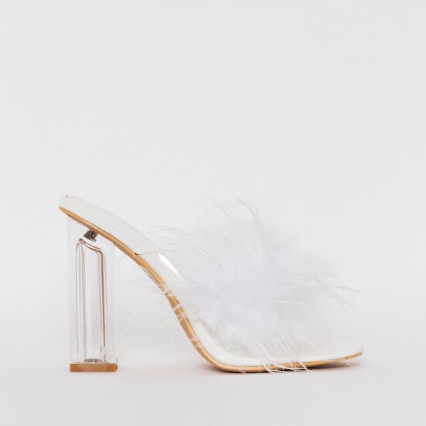 Clarisse White Fluffy Clear Block Heel Mules