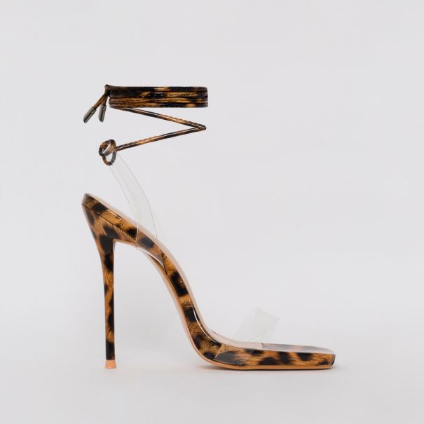 Solange Leopard Print Clear Lace Up Stiletto Heels