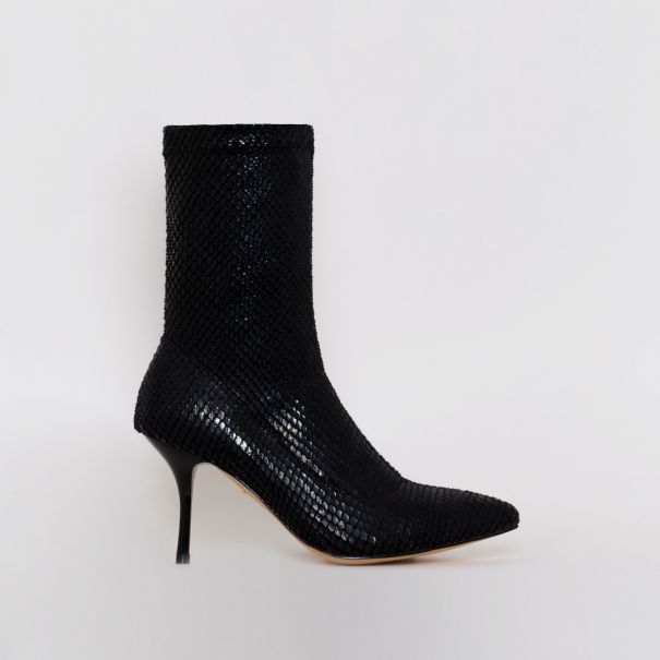 Lauren Black Snake Print Mid Heel Ankle Boots