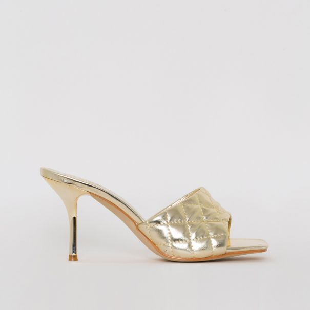 SIMMI SHOES / FARRIS LIGHT GOLD QUILTED MID STILETTO MULES