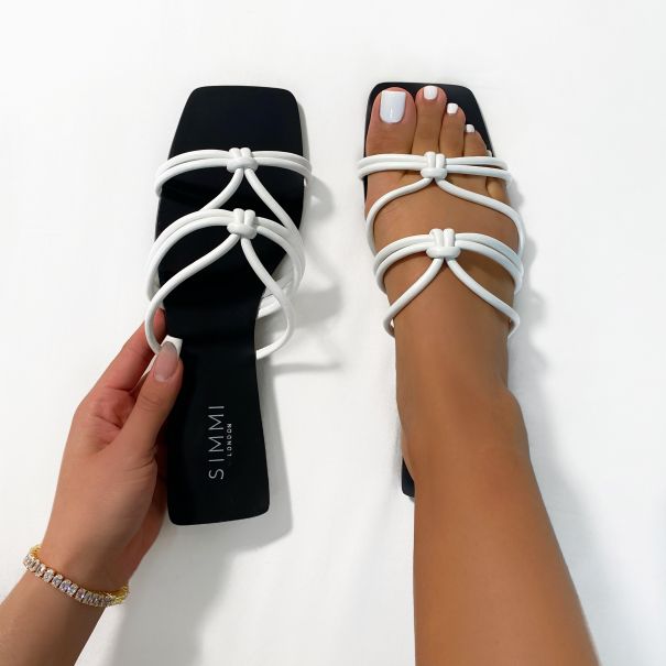 Adalyn White Knot Strap Flat Sandals | SIMMI London
