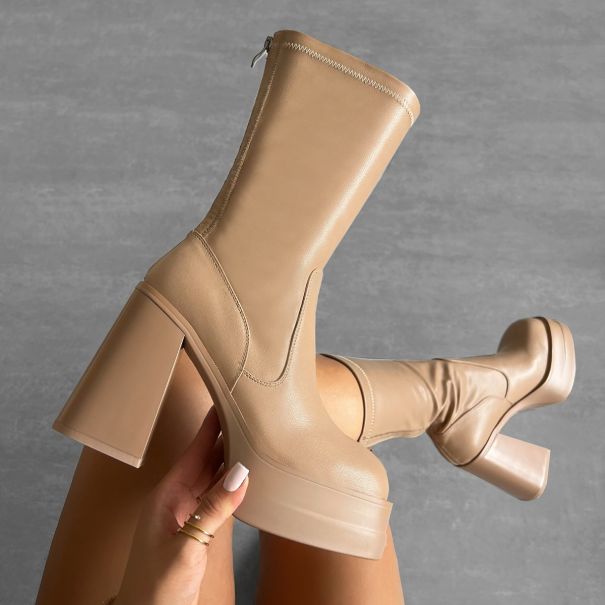 Ahariah Nude Platform Block Heel Ankle Boots | SIMMI London