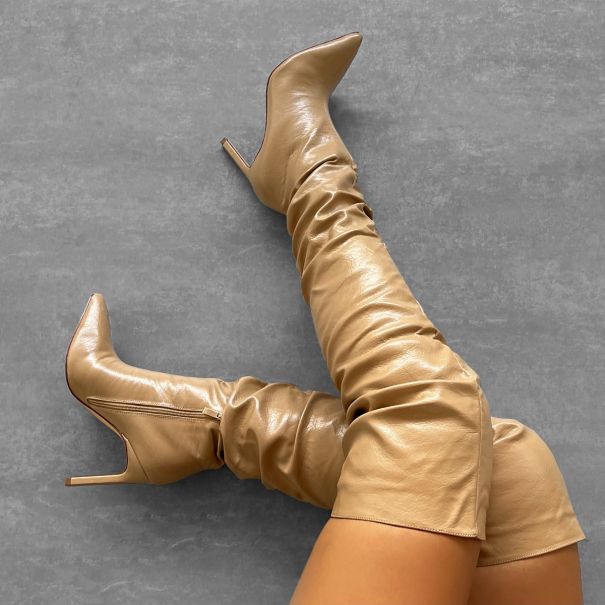 Ailla Camel Pointed Toe Stiletto Thigh High Boots | SIMMI London