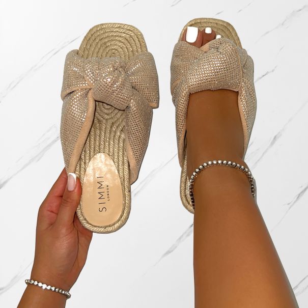 Alazne Nude Diamante Knot Espadrille Flat Sandals | SIMMI London