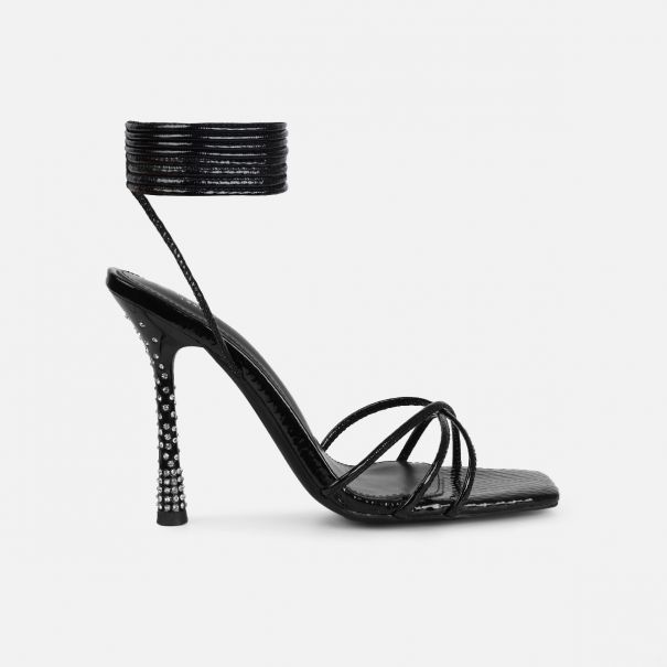 Alenah Black Faux Snake Print Lace Up Diamante Heels | SIMMI London
