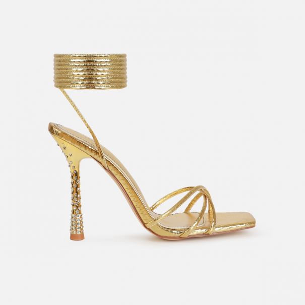 Alenah Gold Faux Snake Print Lace Up Diamante Heels | SIMMI London