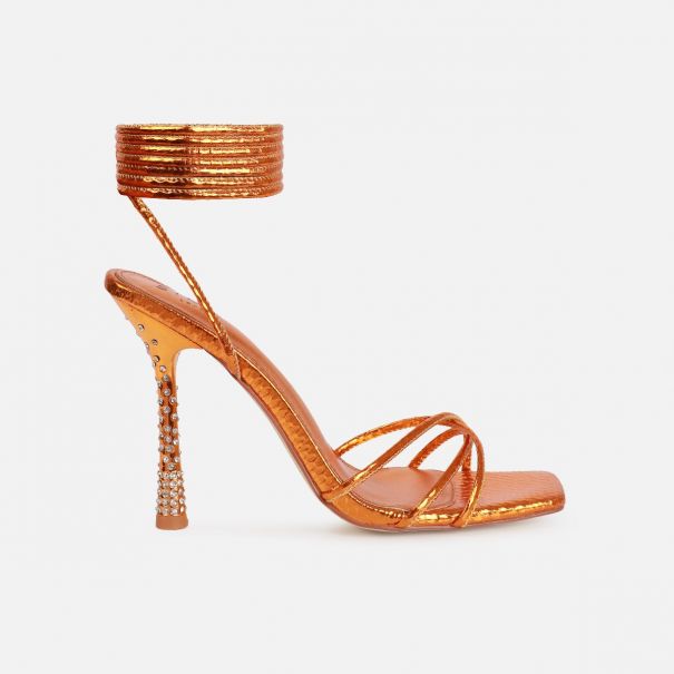 Alenah Orange Faux Snake Print Lace Up Diamante Heels | SIMMI London