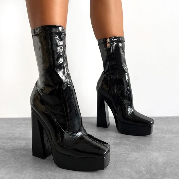 Kerera Black Crinkle Patent Platform Block Ankle Boots | SIMMI London