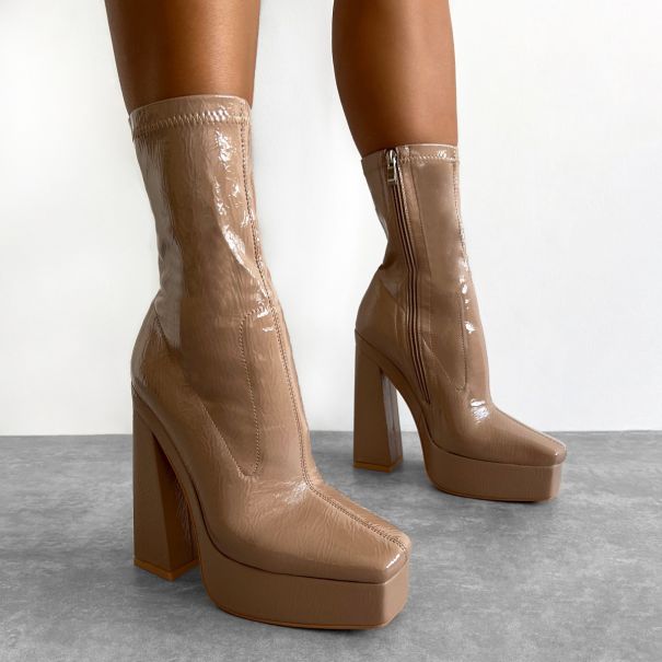 Kerera Nude Crinkle Patent Platform Block Ankle Boots | SIMMI London