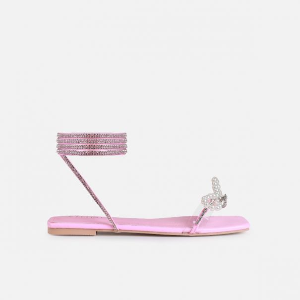 Saturn Pink Clear Pearl Bow Lace Up Flat Sandals | SIMMI London