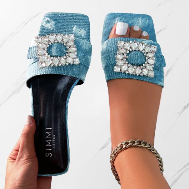 Cyra Blue Denim Raffia Diamante Flat Sandals | SIMMI London
