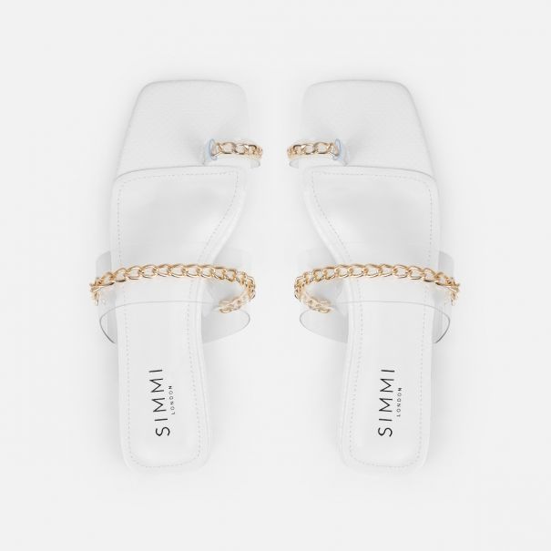 Freya White Clear Strap Chain Toe Loop Flat Sandals | SIMMI London