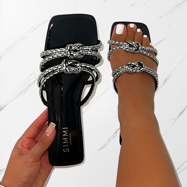 Aliano Black Patent Diamante Flat Sandals | SIMMI London