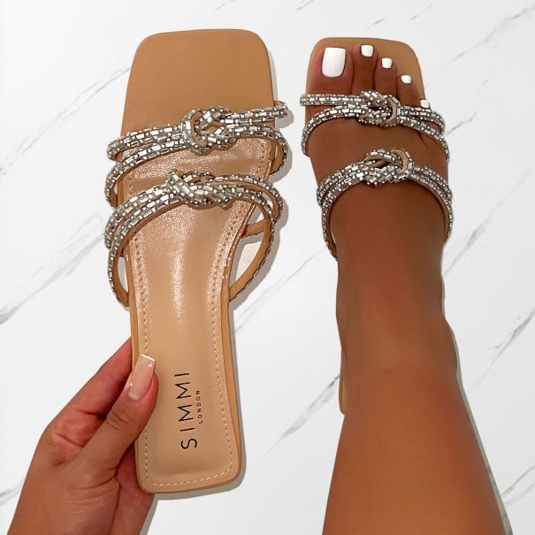 Aliano Nude Patent Diamante Flat Sandals | SIMMI London
