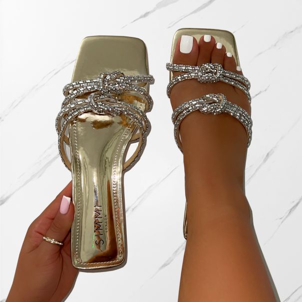 Aliano Gold Patent Diamante Flat Sandals | SIMMI London