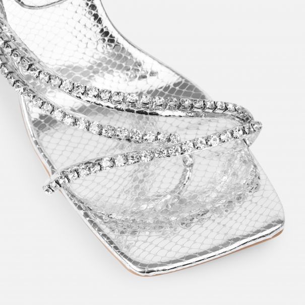 Freesia Silver Faux Snake Print Spiral Mid Heels | SIMMI London