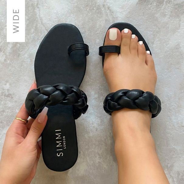 Alita Wide Fit Black Plaited Strap Toe Loop Sandals | SIMMI London