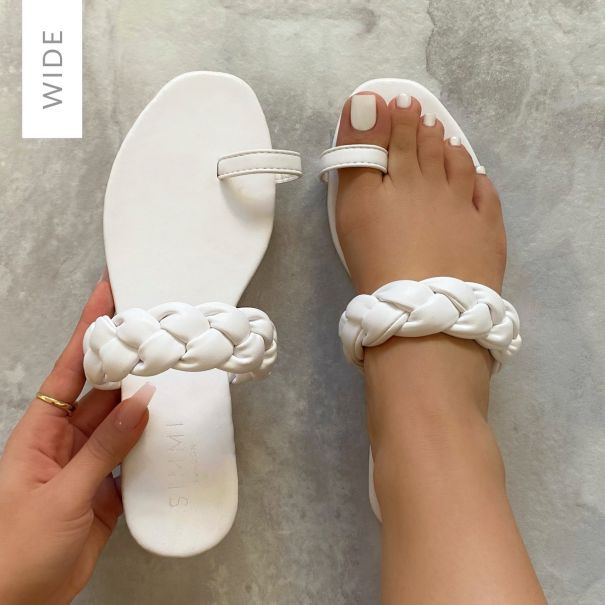Alita Wide Fit White Plaited Strap Toe Loop Sandals | SIMMI London
