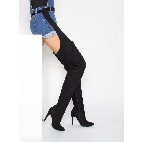 Amalia Black Suede Belt Thigh High Boots