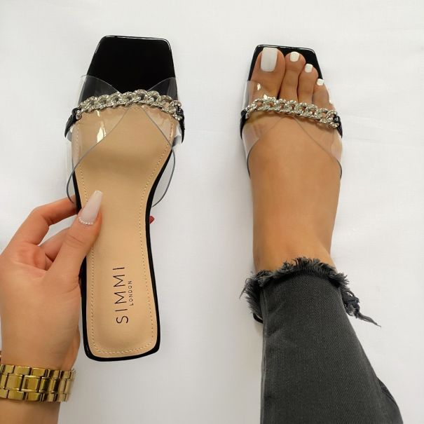 Ambrose Black Patent Clear Diamante Chain Sandals | SIMMI London