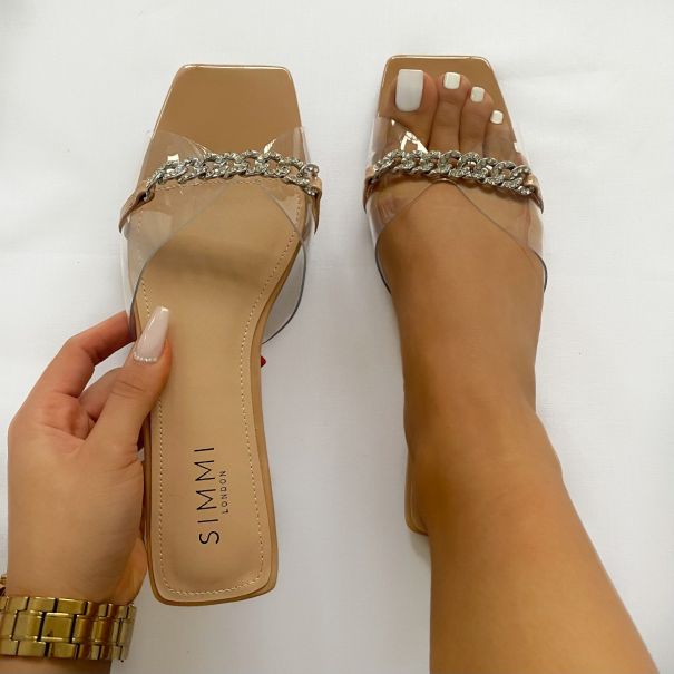 Ambrose Nude Patent Clear Diamante Chain Sandals | SIMMI London