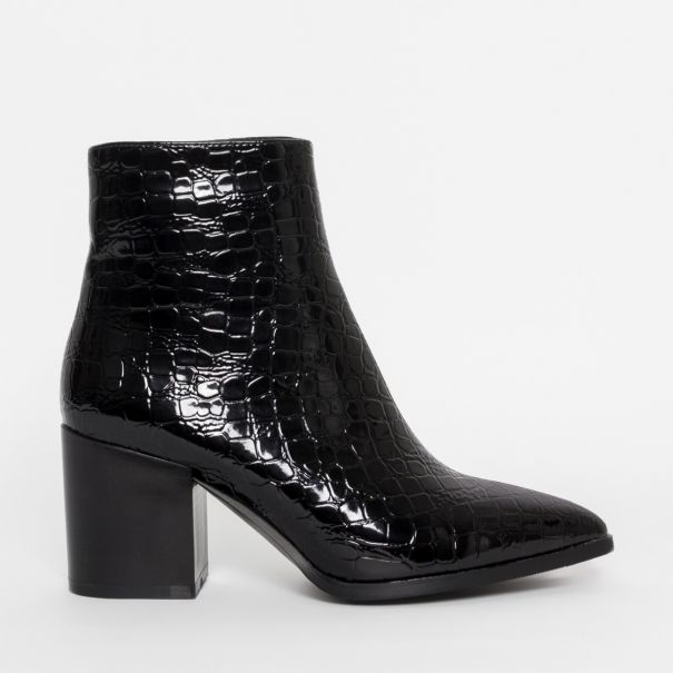 Anya Black Patent Croc Block Heel Ankle Boots