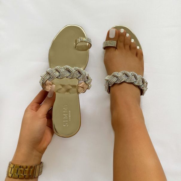 Aquarius Gold Mirror Diamante Toe Loop Sandals | SIMMI London