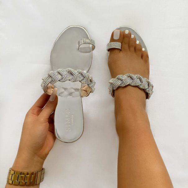 Aquarius Silver Mirror Diamante Toe Loop Sandals | SIMMI London