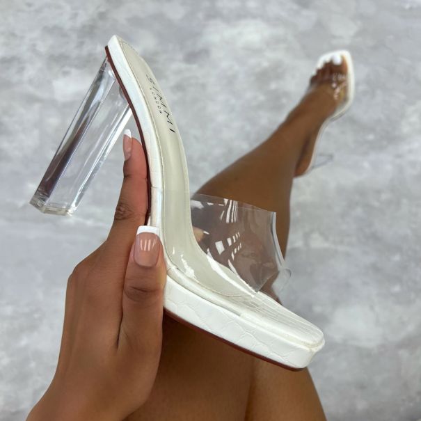 Farah Clear White Patent Faux Croc Print Block Heel Mules | SIMMI London