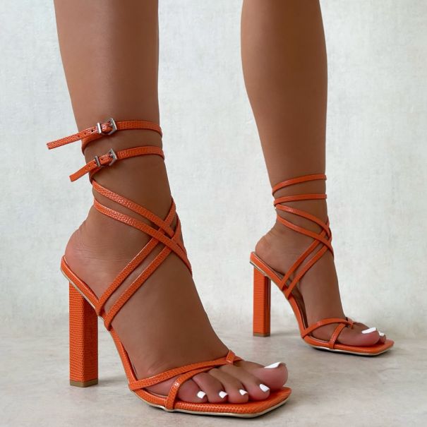 Ariadna Orange Faux Lizard Toe Post Lace Up Heels | SIMMI London