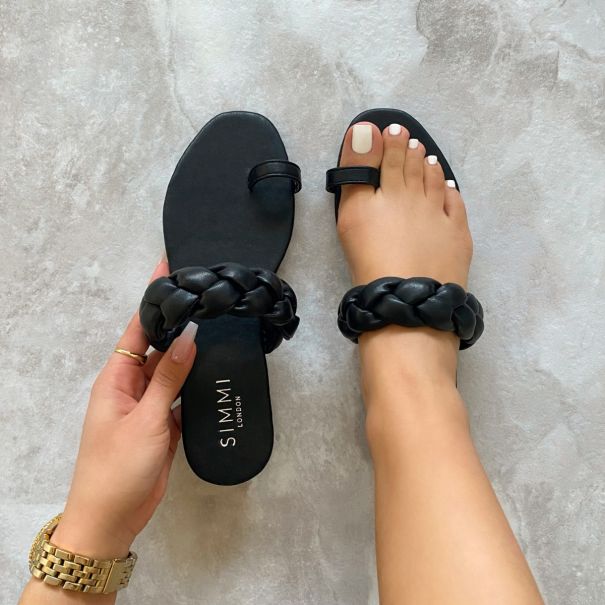 Aries Black Plaited Toe Loop Flat Sandals | SIMMI London