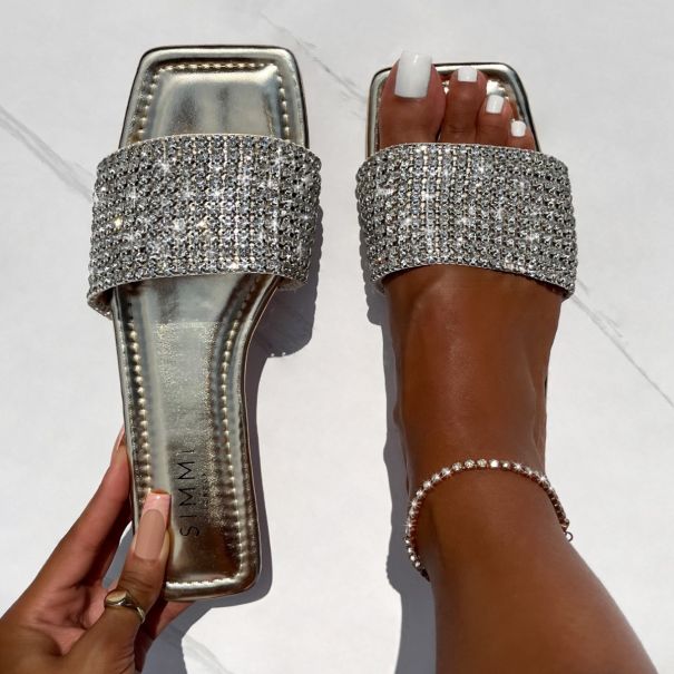 Azura Gold Mirror Diamante Sliders | SIMMI London