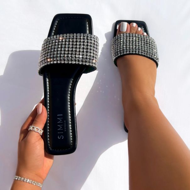 Azura Black Diamante Sliders | SIMMI London