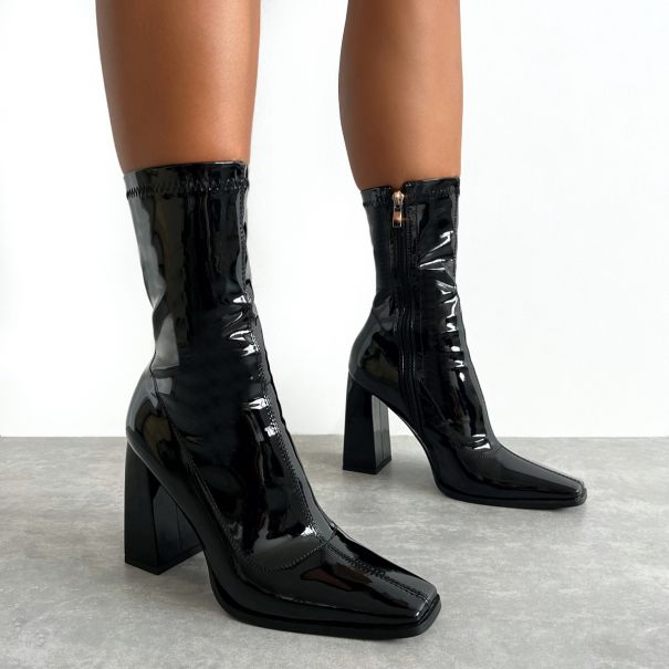 Basil Black Patent Block Heel Ankle Boots | SIMMI London