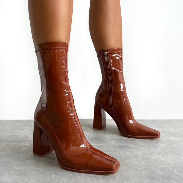 Basil Tan Patent Block Heel Ankle Boots | SIMMI London