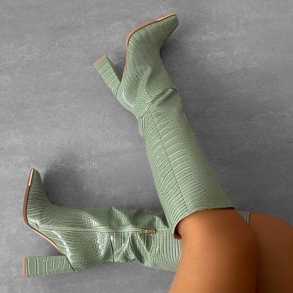 Saxon Green Faux Snake Print Block Knee High Boots | SIMMI London