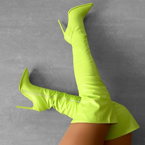 Brandyn Lime Green Pointed Stiletto Thigh High Boots | SIMMI London