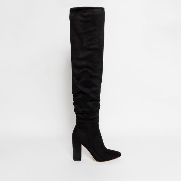 Bianca Black Suede Ruched Thigh High Boots