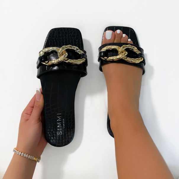 Blige Black Faux Croc Print Chain Detail Sandals | SIMMI London