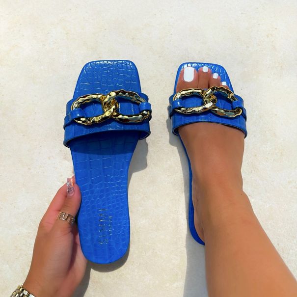 Blige Blue Faux Croc Print Chain Detail Sandals | SIMMI London