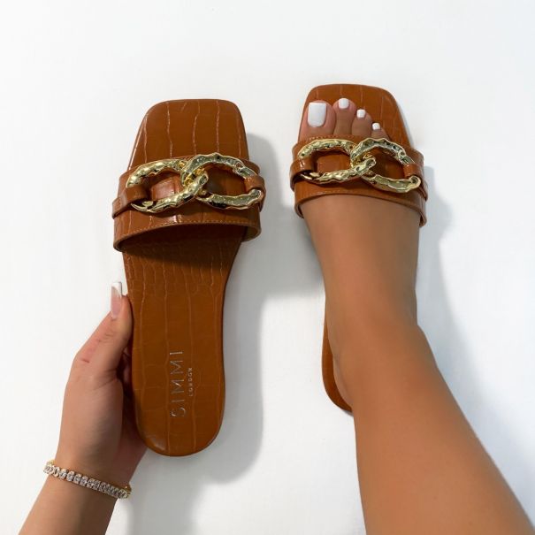 Blige Brown Faux Croc Print Chain Detail Sandals | SIMMI London